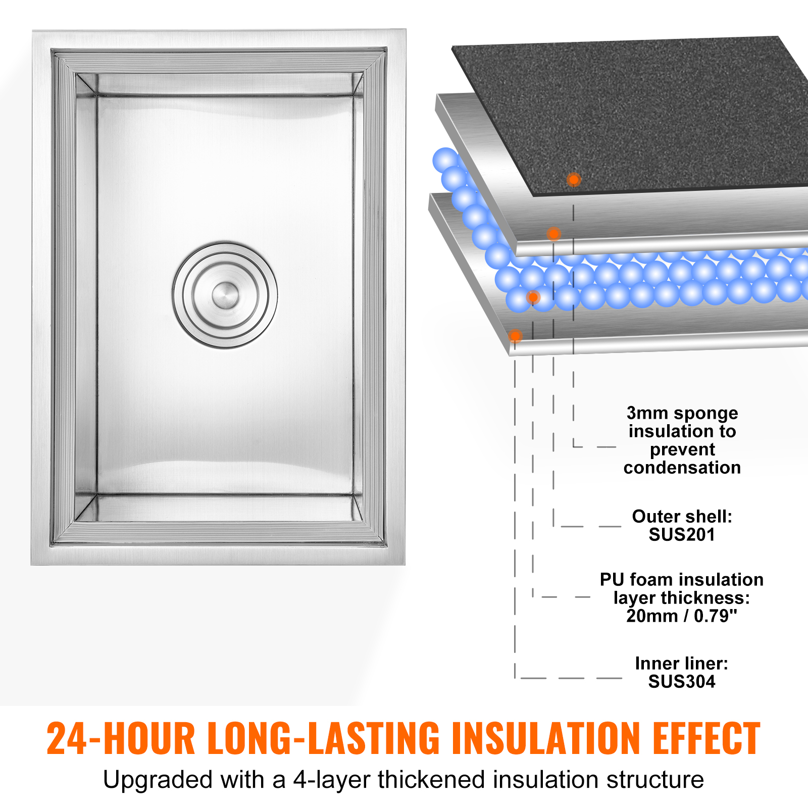 Fregadero de acero inoxidable con estructura aislante de 4 capas con esponja, acero, espuma y revestimiento.