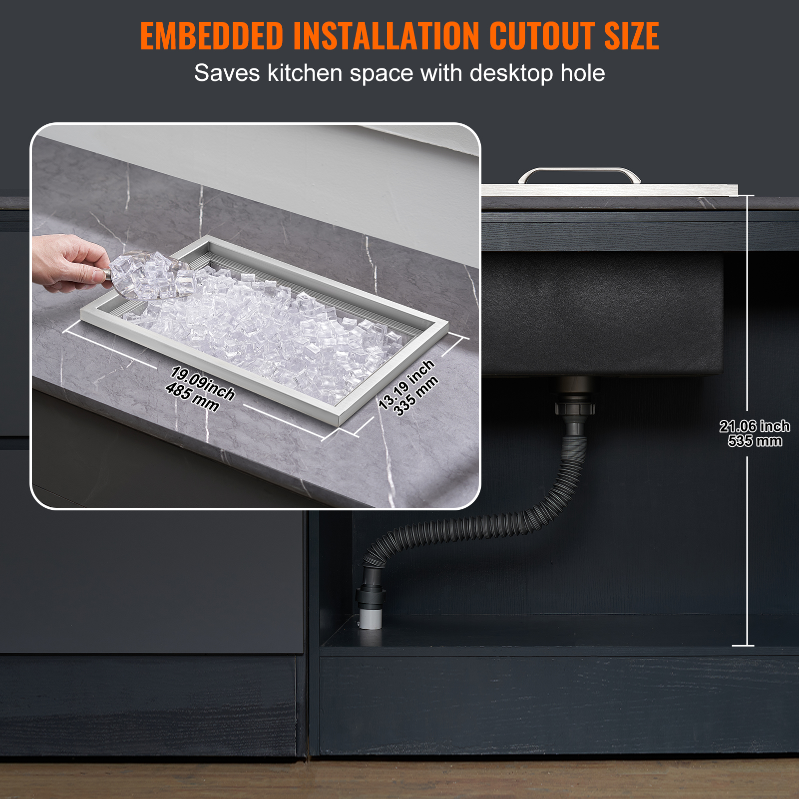 Contenedor de hielo empotrado en una encimera de cocina con medidas de corte y altura.