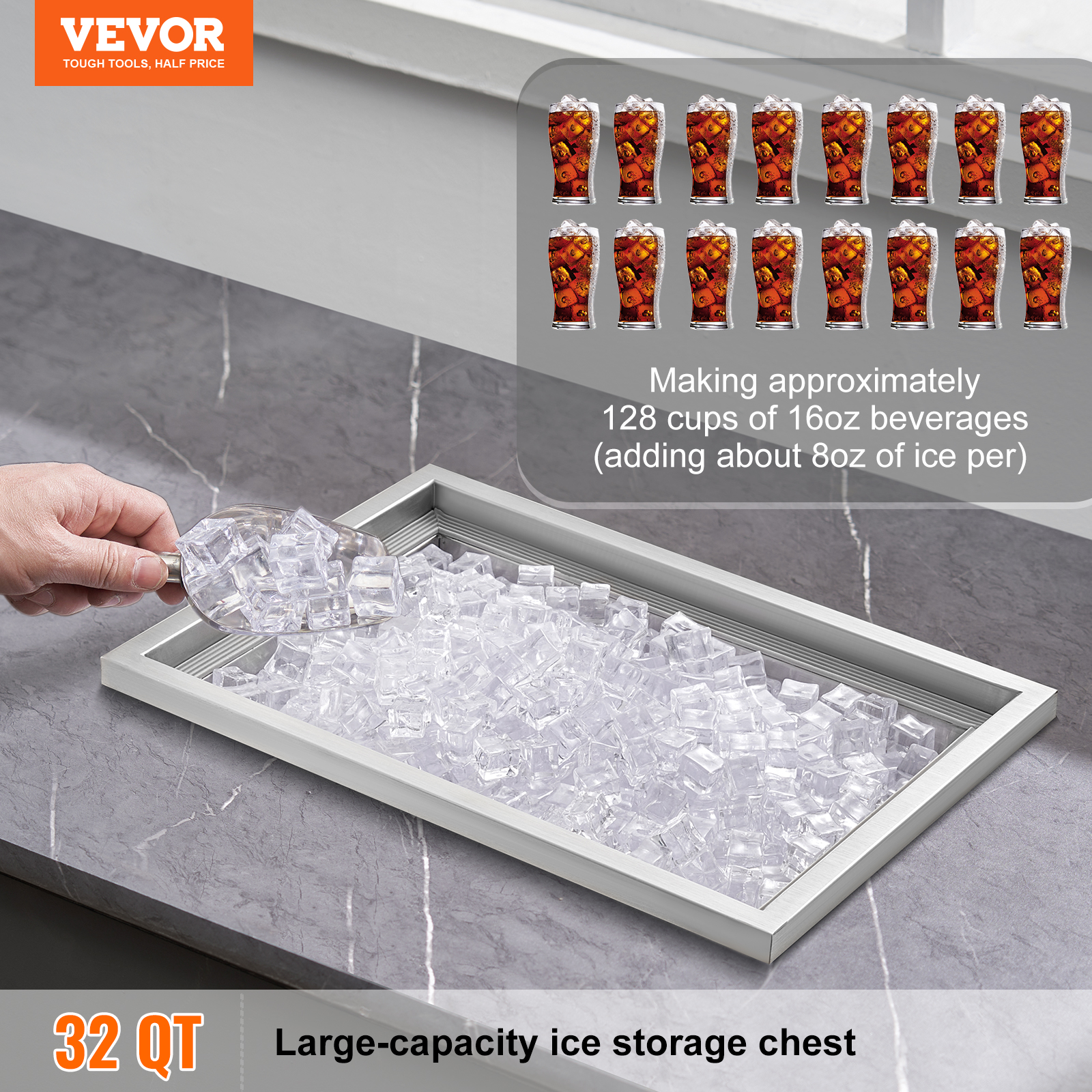 Caja de hielo con cubitos, pala y texto sobre 128 bebidas.