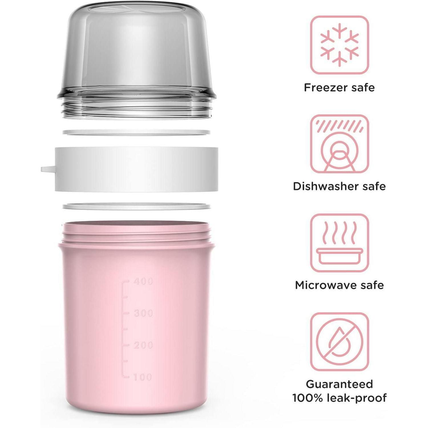 Biberon rosa smontato con icone per congelatore, lavastoviglie, microonde e design a prova di perdite.