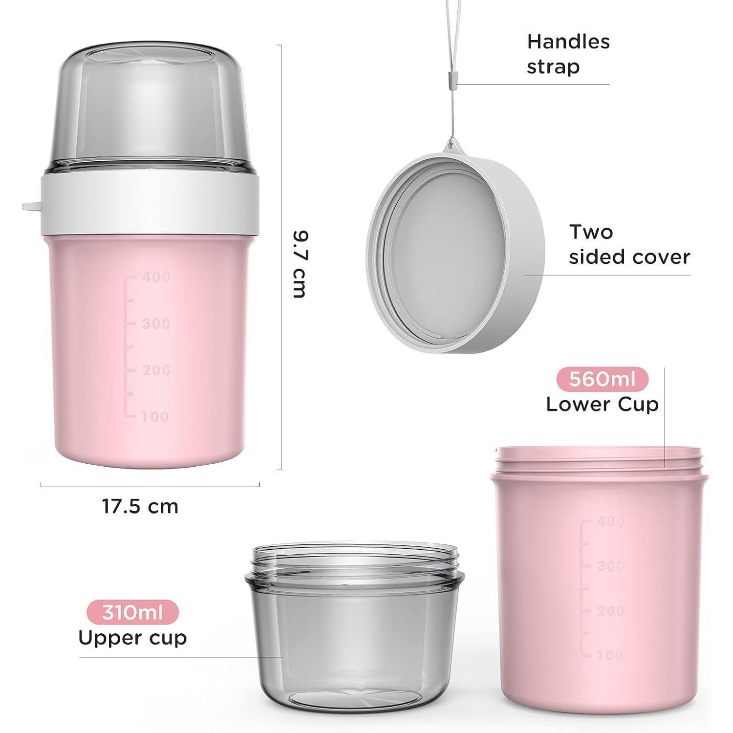 Schema di un bicchiere snack rosa con dimensioni, tazza superiore, inferiore, coperchio e cinturino.