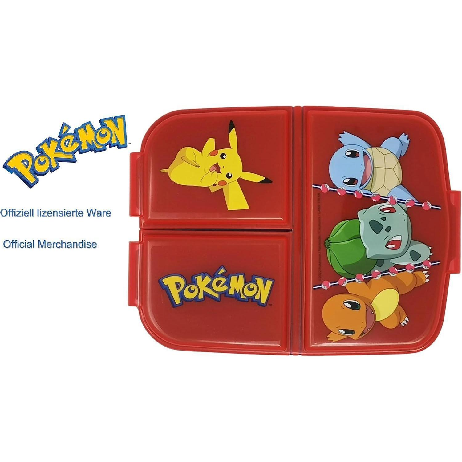 Un portapranzo rosso dei Pokemon con Pikachu, Squirtle, Bulbasaur e Charmander.