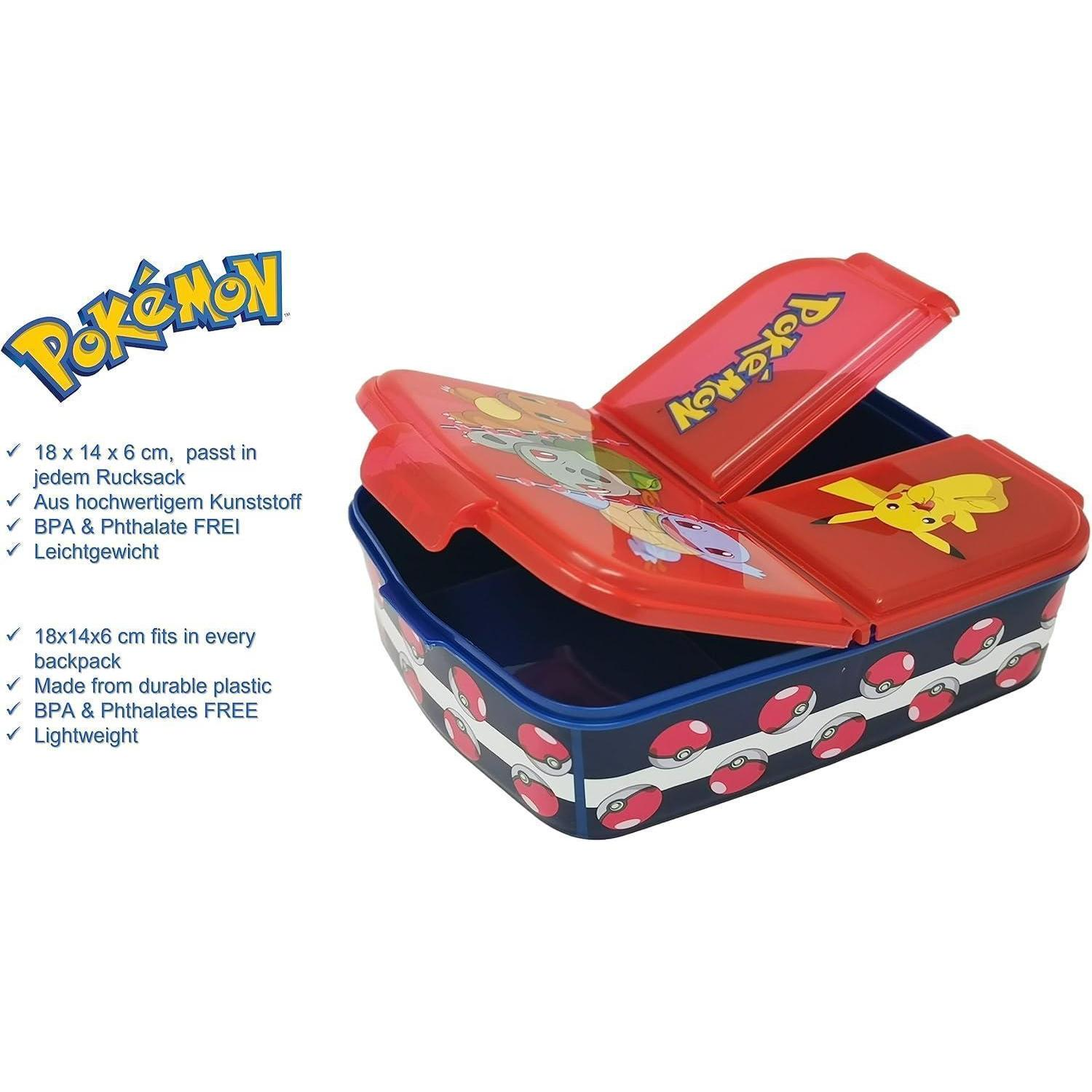 Porta pranzo blu dei Pokémon con coperchio rosso con Poké Ball e Pikachu, e testo descrittivo.