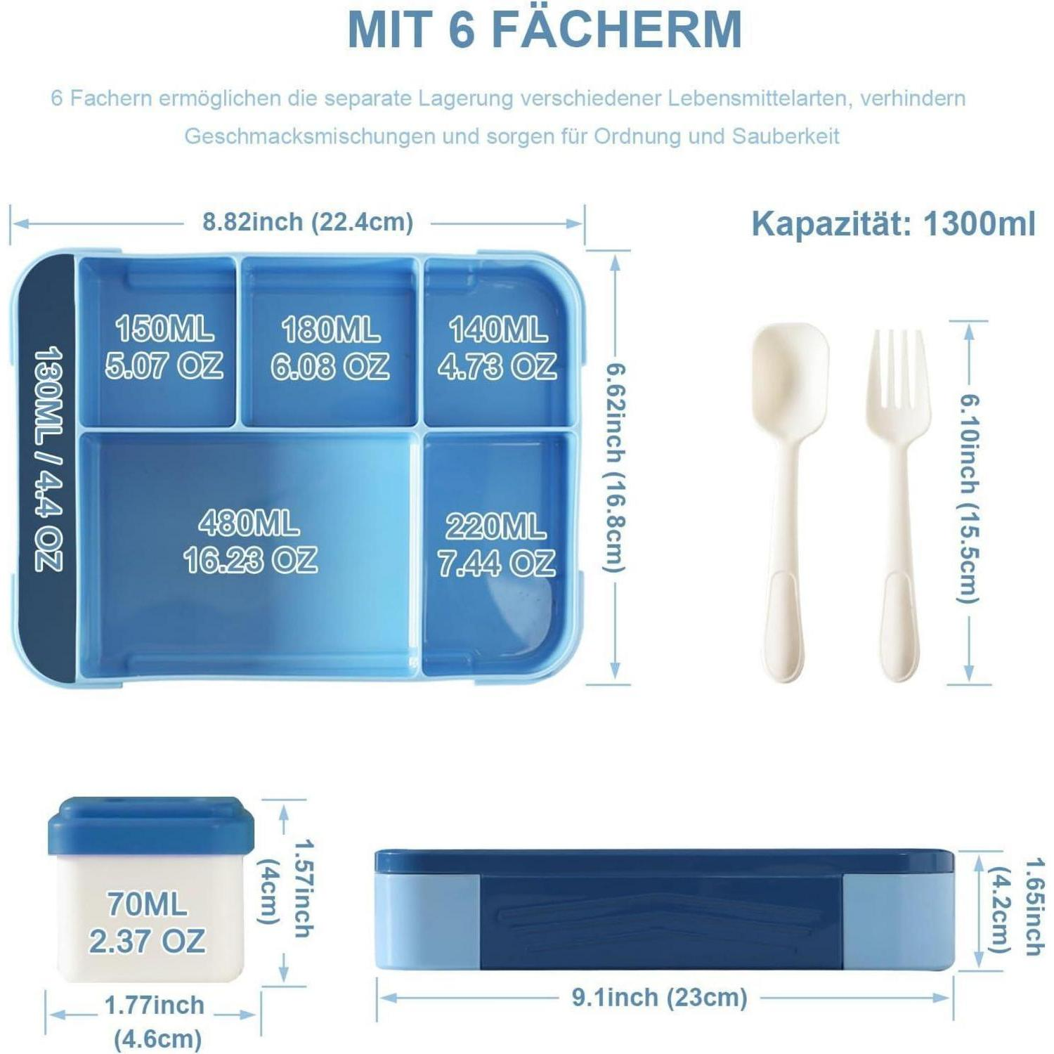Un portapietanze blu con sei scomparti, piccolo contenitore, cucchiaio, forchetta e misure.