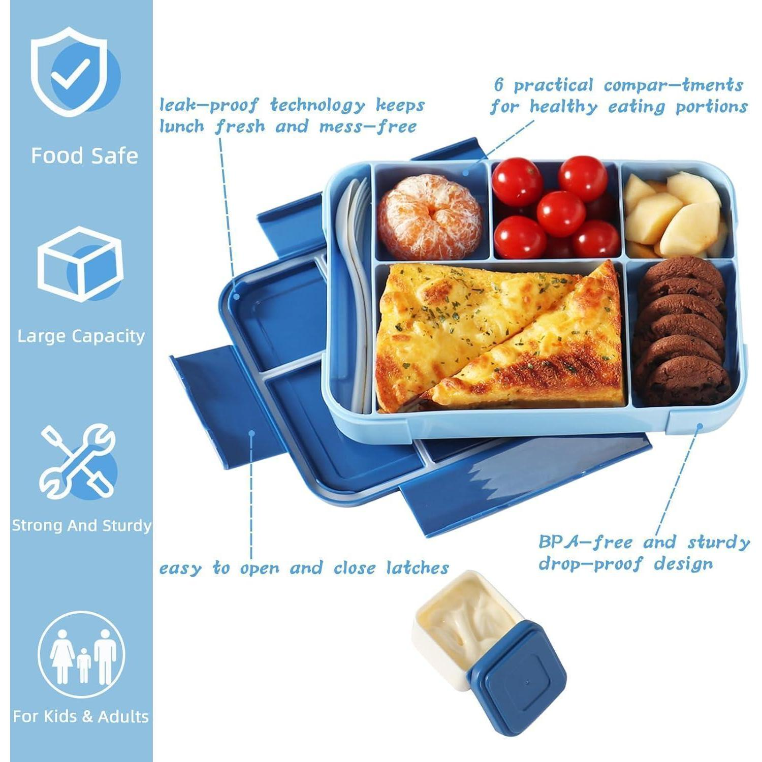 Porta pranzo bento blu con sei scomparti con frutta, panini e biscotti, con testo che descrive le caratteristiche.
