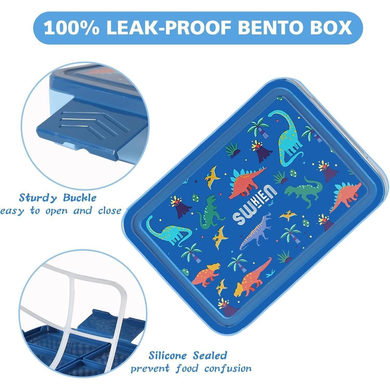 Porta pranzo bento blu a prova di perdite con dinosauri, fibbia robusta e scomparti sigillati in silicone.