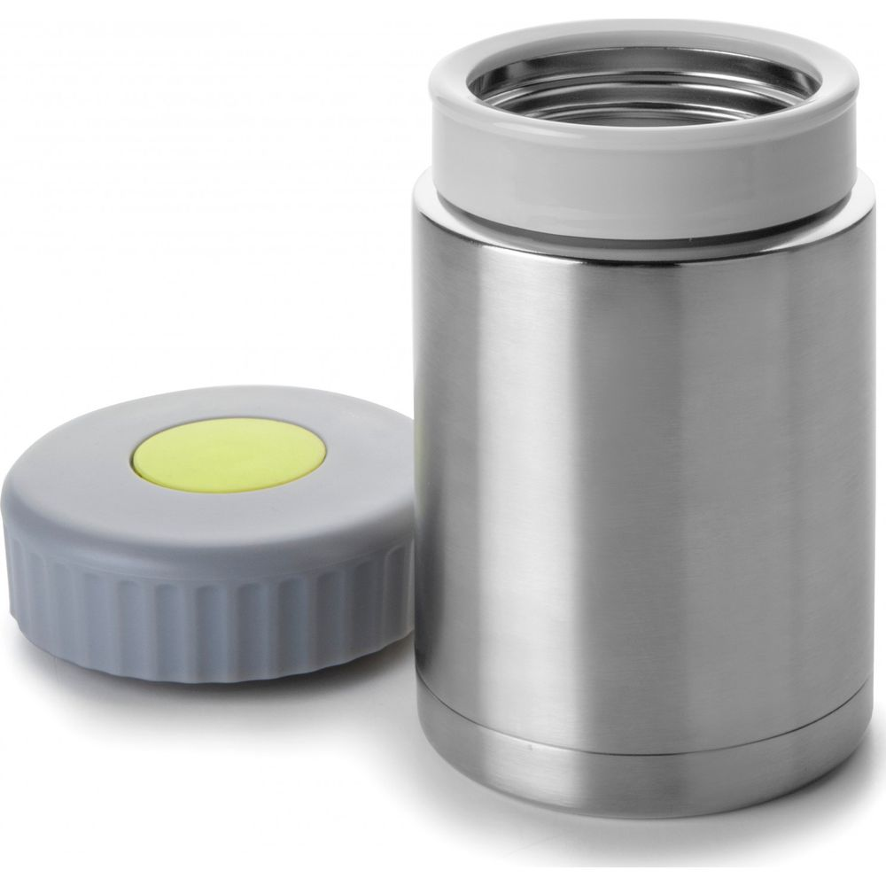Termo per alimenti in acciaio inossidabile con coperchio aperto e bottone giallo, su bianco.