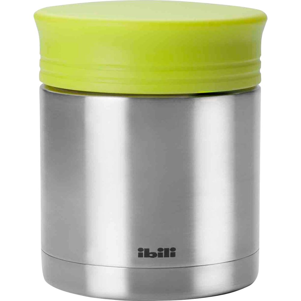 Un thermos cilindrico in acciaio inossidabile con coperchio verde lime e logo nero ibili.