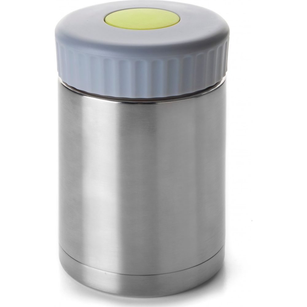 Contenitore per alimenti in acciaio inossidabile con coperchio grigio e bottone giallo, su sfondo bianco.