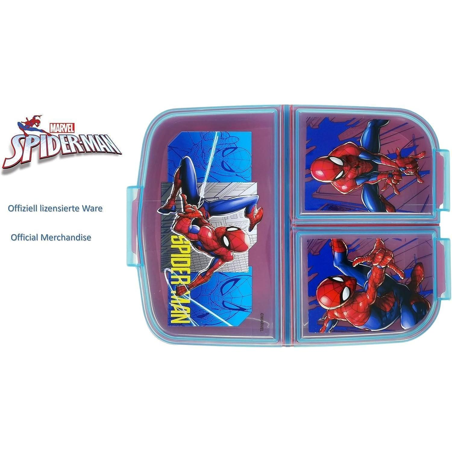 Un portapiatti ufficiale di Spider-Man con tre scomparti e varie scene d'azione del supereroe.