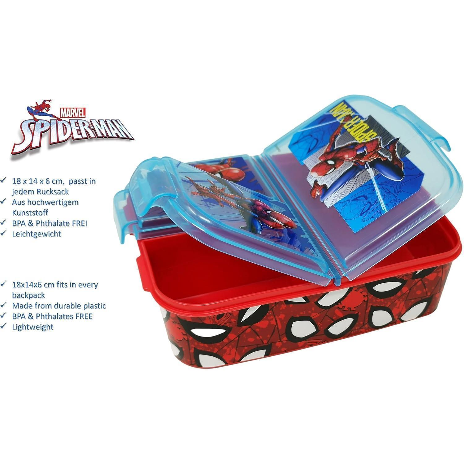 Porta pranzo rosso di Spider-Man con coperchio blu a ribalta e dettagli a sinistra.