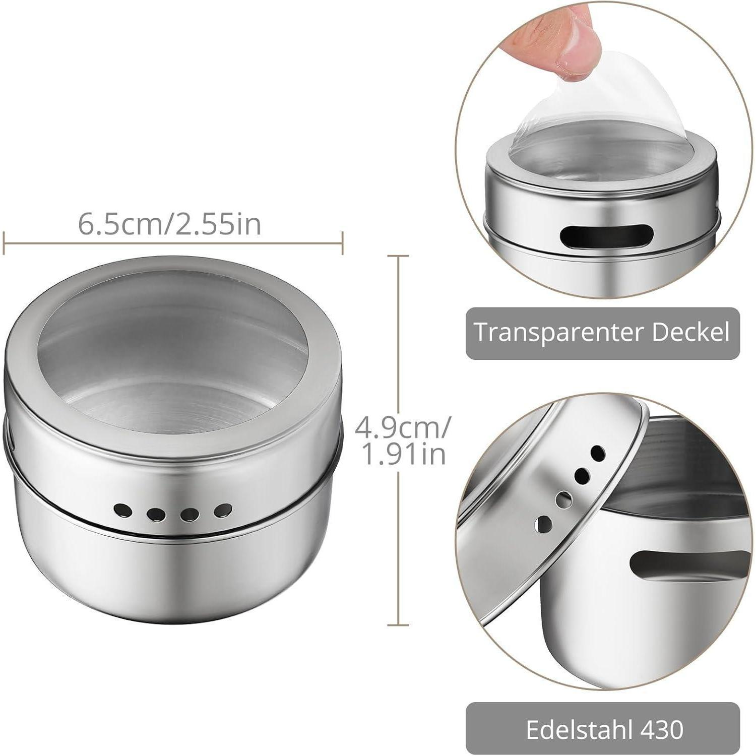 Contenitore per spezie in acciaio inossidabile con dimensioni, coperchio trasparente.