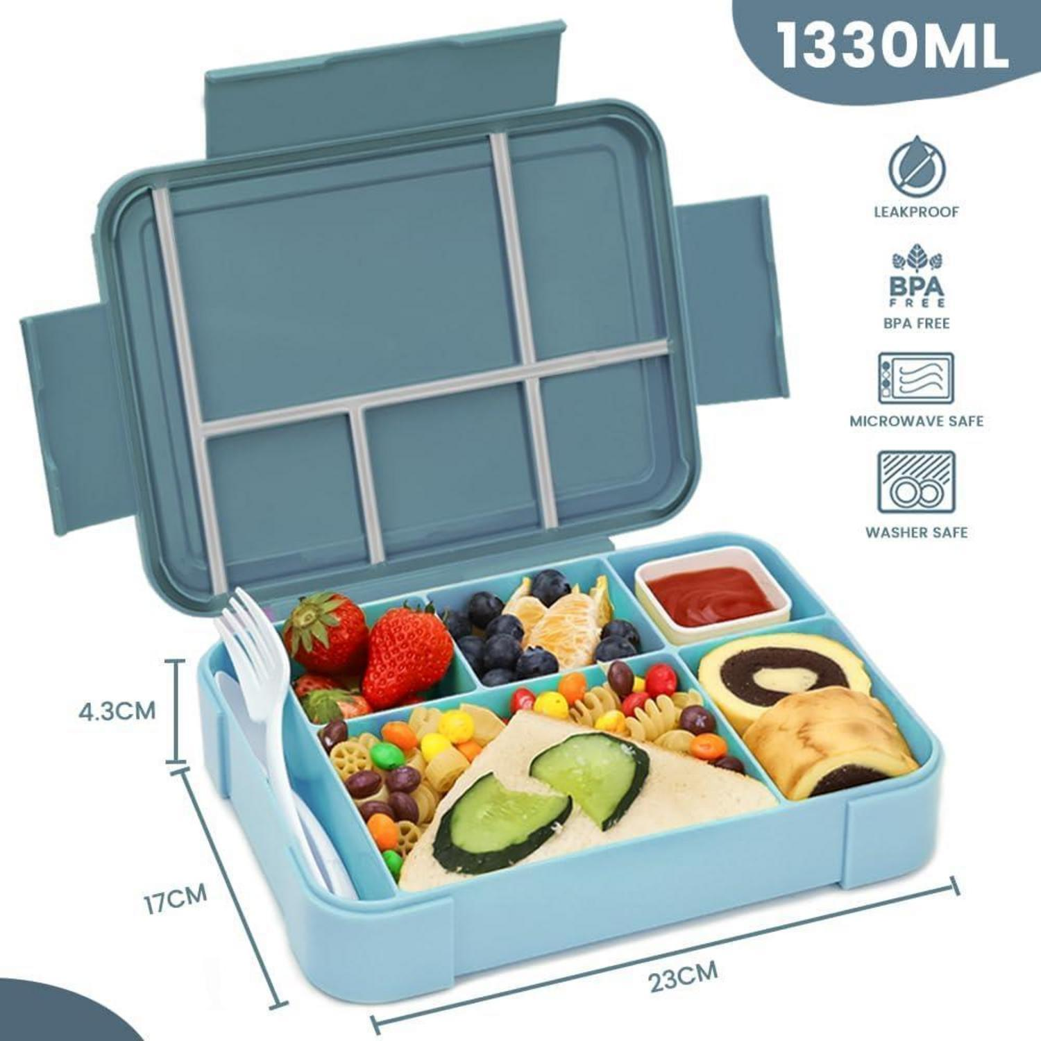 Porta pranzo bento blu con scomparti riempiti di frutta, panini e snack, con dimensioni e icone.