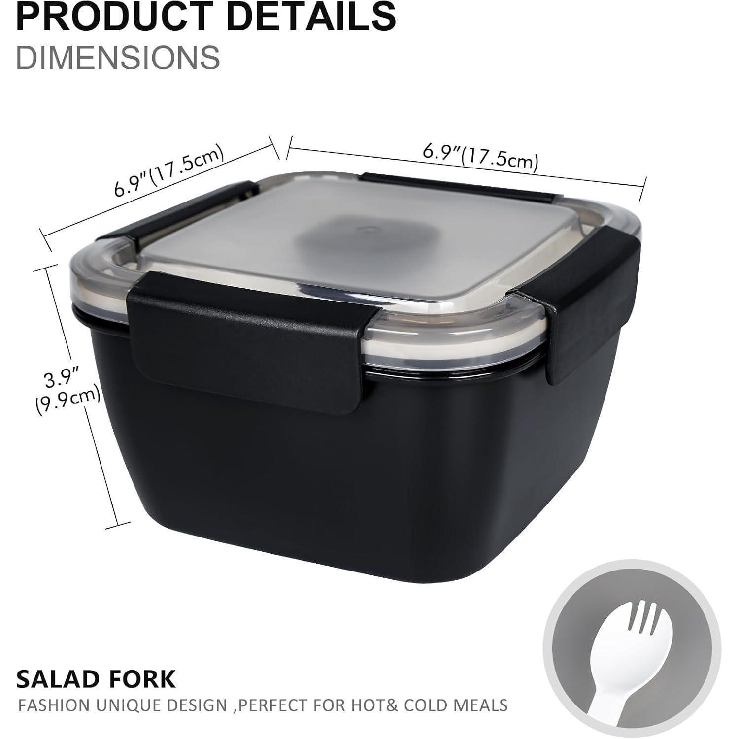 Port pranzo nero con coperchio trasparente, dimensioni 6.9x6.9x3.9 pollici, con forchetta.