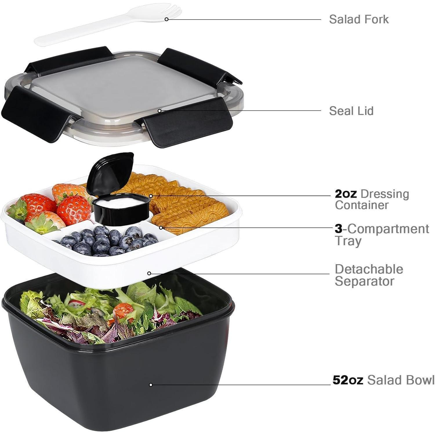 Schema di una scatola per insalata bento con parti etichettate come ciotola, vassoio, contenitore per condimento e coperchio.