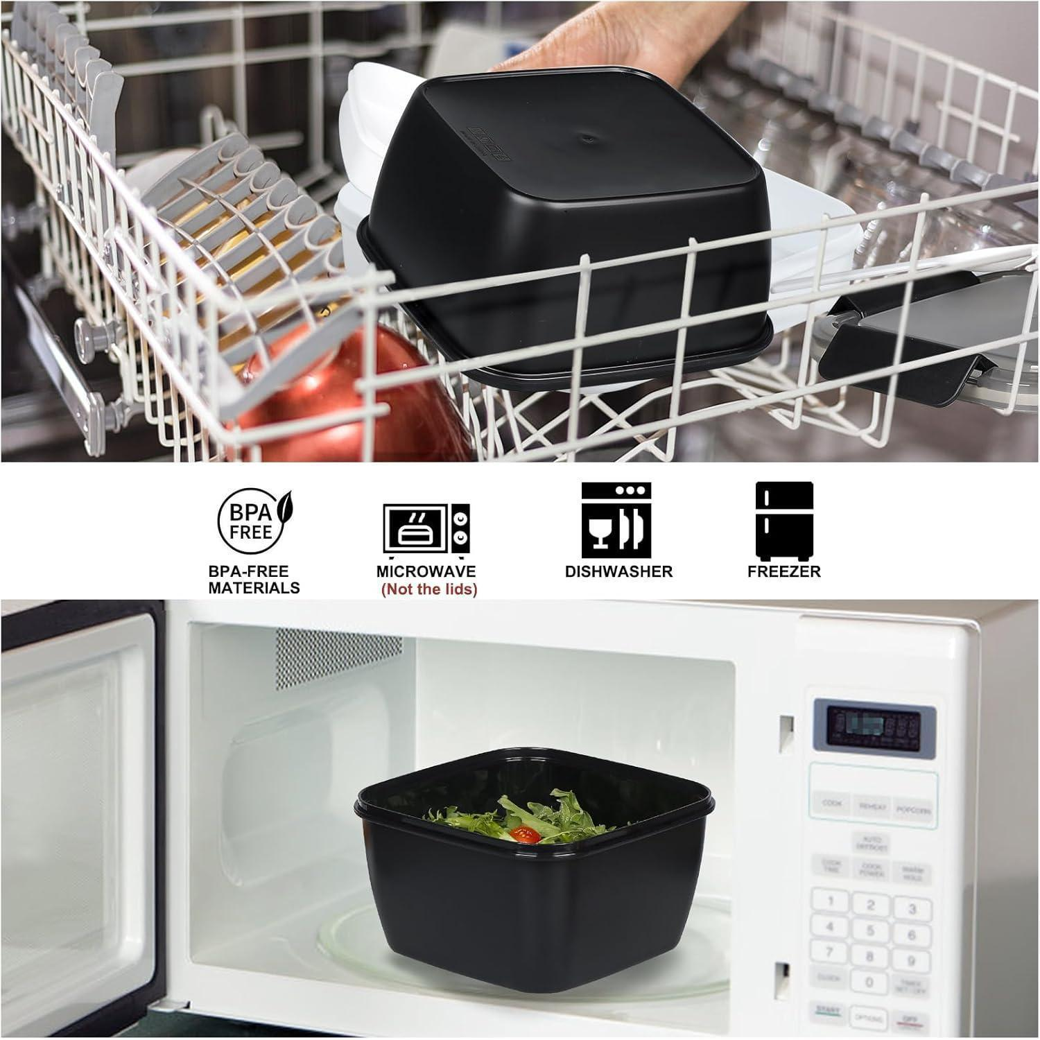 Ciotola di plastica nera quadrata in lavastoviglie e microonde, con icone BPA-free.