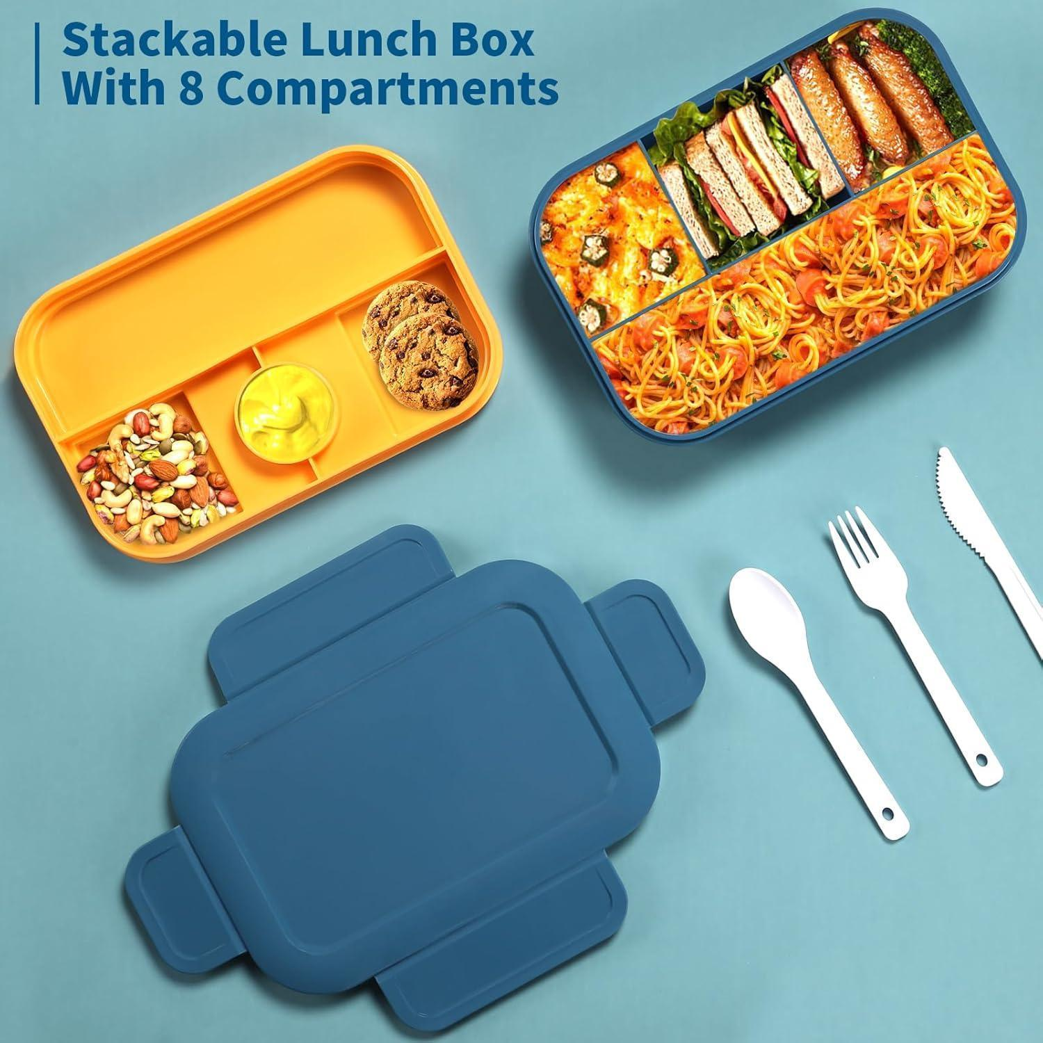 Porta pranzo impilabile con scomparti pieni, posate e testo in alto a sinistra.