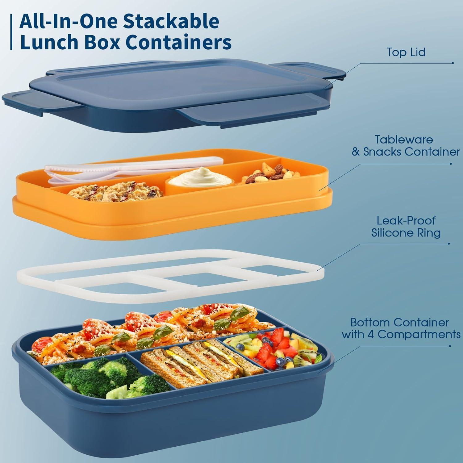 Vista esplosa di un portapietanze impilabile blu con snack, posate, anello in silicone e scomparto principale.