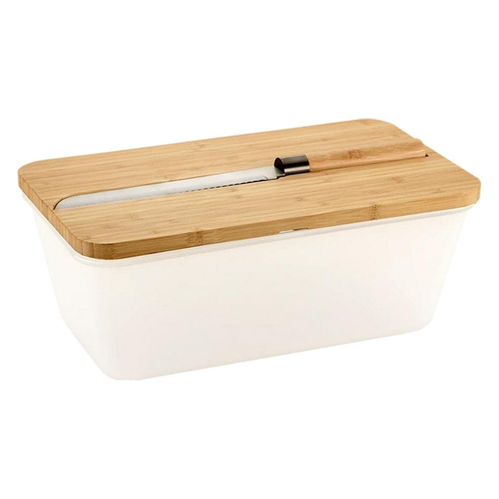 Un portapane in plastica bianca con coperchio in legno e un coltello.