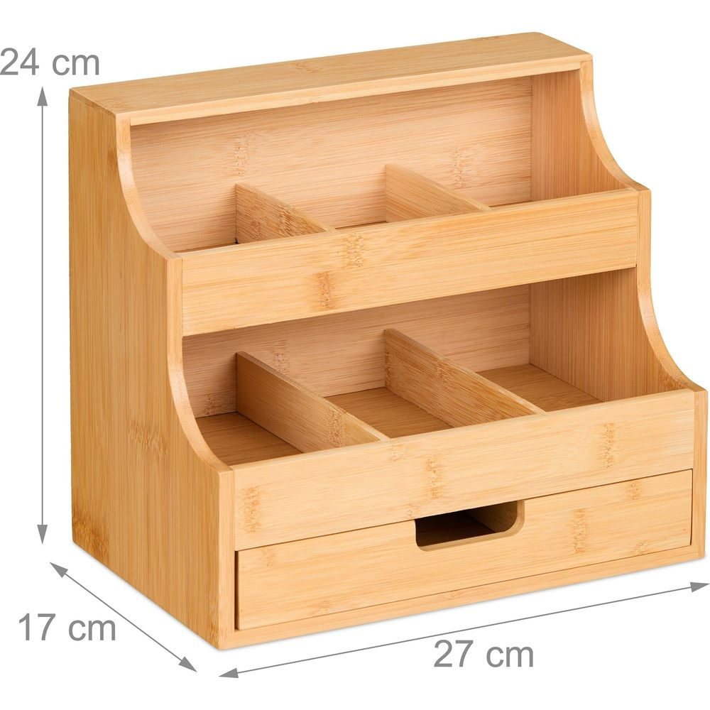 Bambus-Schreibtisch-Organizer mit mehreren Fächern und einer Schublade, Maße 27x17x24 cm.