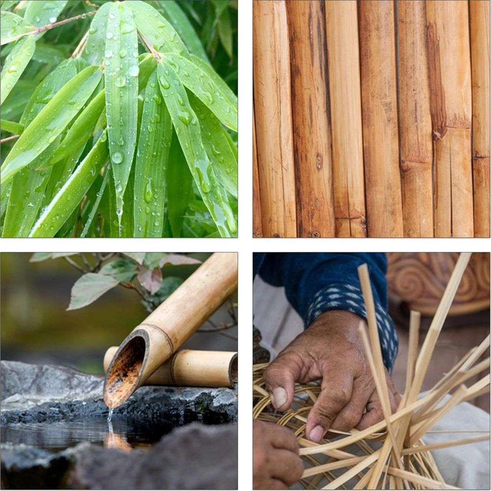 Vier Bilder zeigen Bambusblätter mit Wassertropfen, eine Wand, eine Wasserquelle und Handwerkerhände beim Flechten.