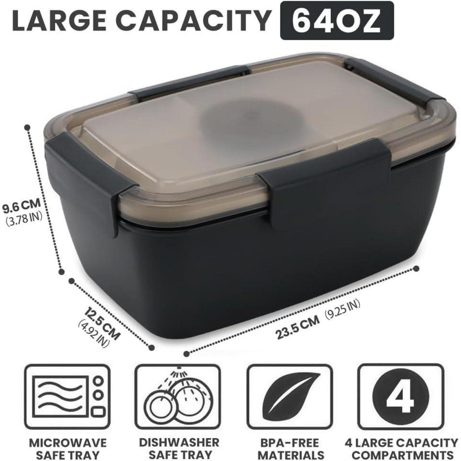 Porta pranzo bento nero da 64 oz con dimensioni e icone.