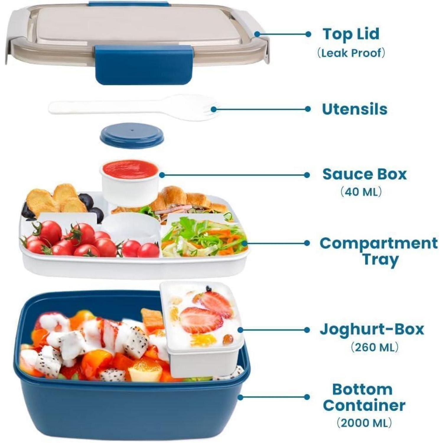 Vista esplosa di un portapietanze blu con coperchio, utensili, contenitore per salsa, vassoio a scomparti e yogurt.
