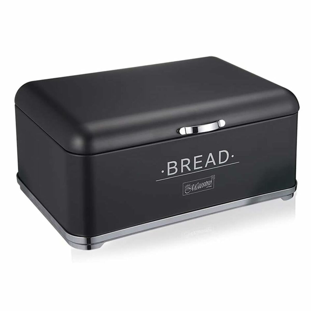Un portapane in metallo nero con maniglia cromata e la scritta BREAD sul davanti, su sfondo bianco.