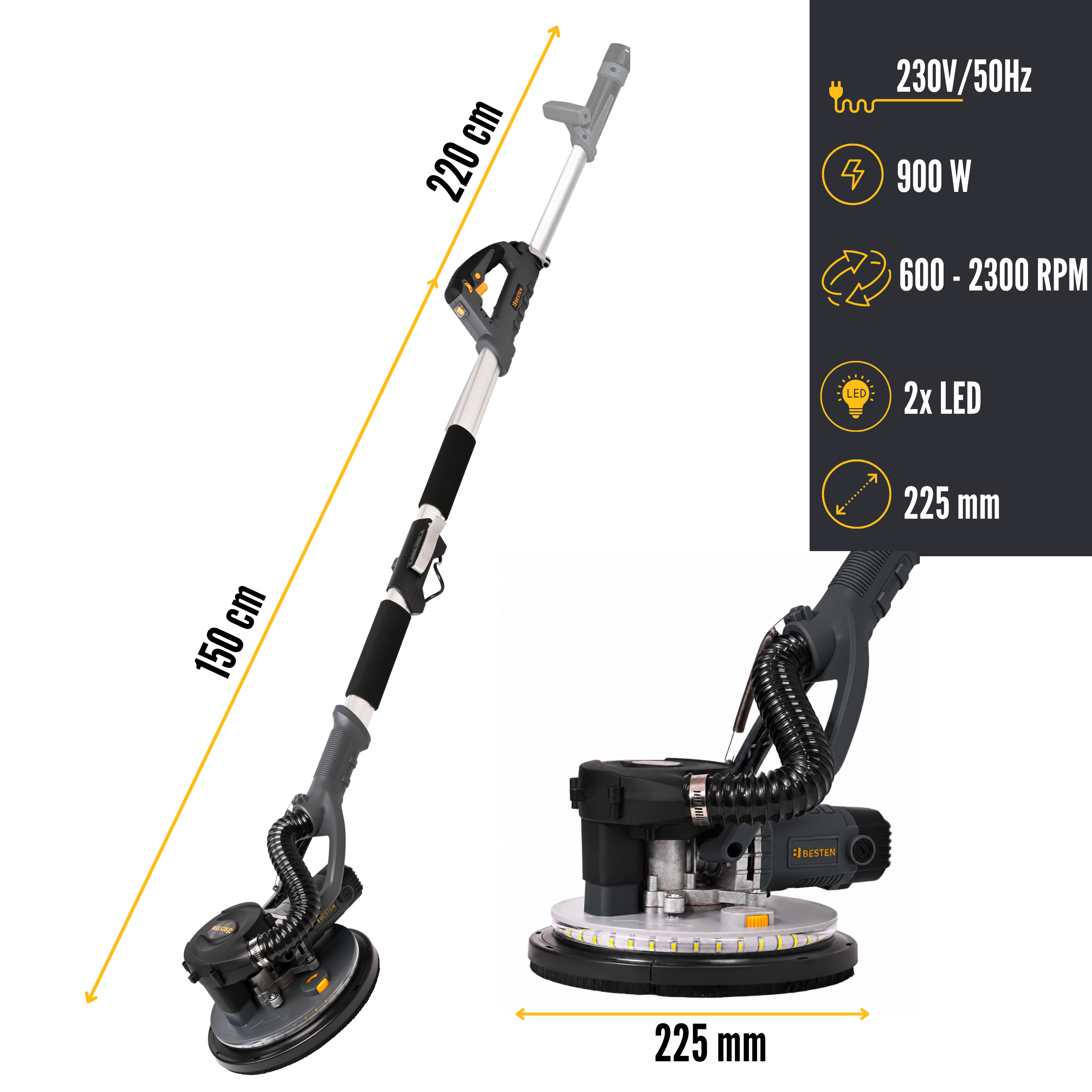 Szlifierka do gipsu z LED i wężem, 900W, długość 150-220 cm, tarcza 225 mm.