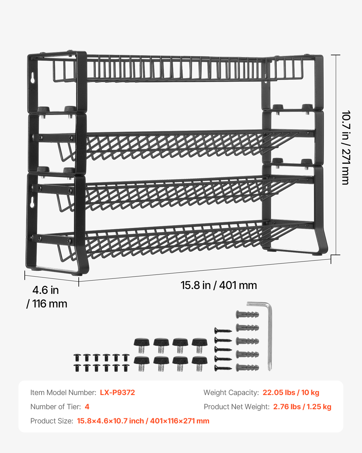 Un especiero negro de cuatro niveles con dimensiones, tornillos y detalles del producto abajo.