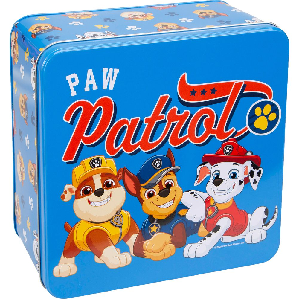 Una scatola di latta blu di Paw Patrol mostra Rubble, Chase e Marshall sorridenti sotto il logo.