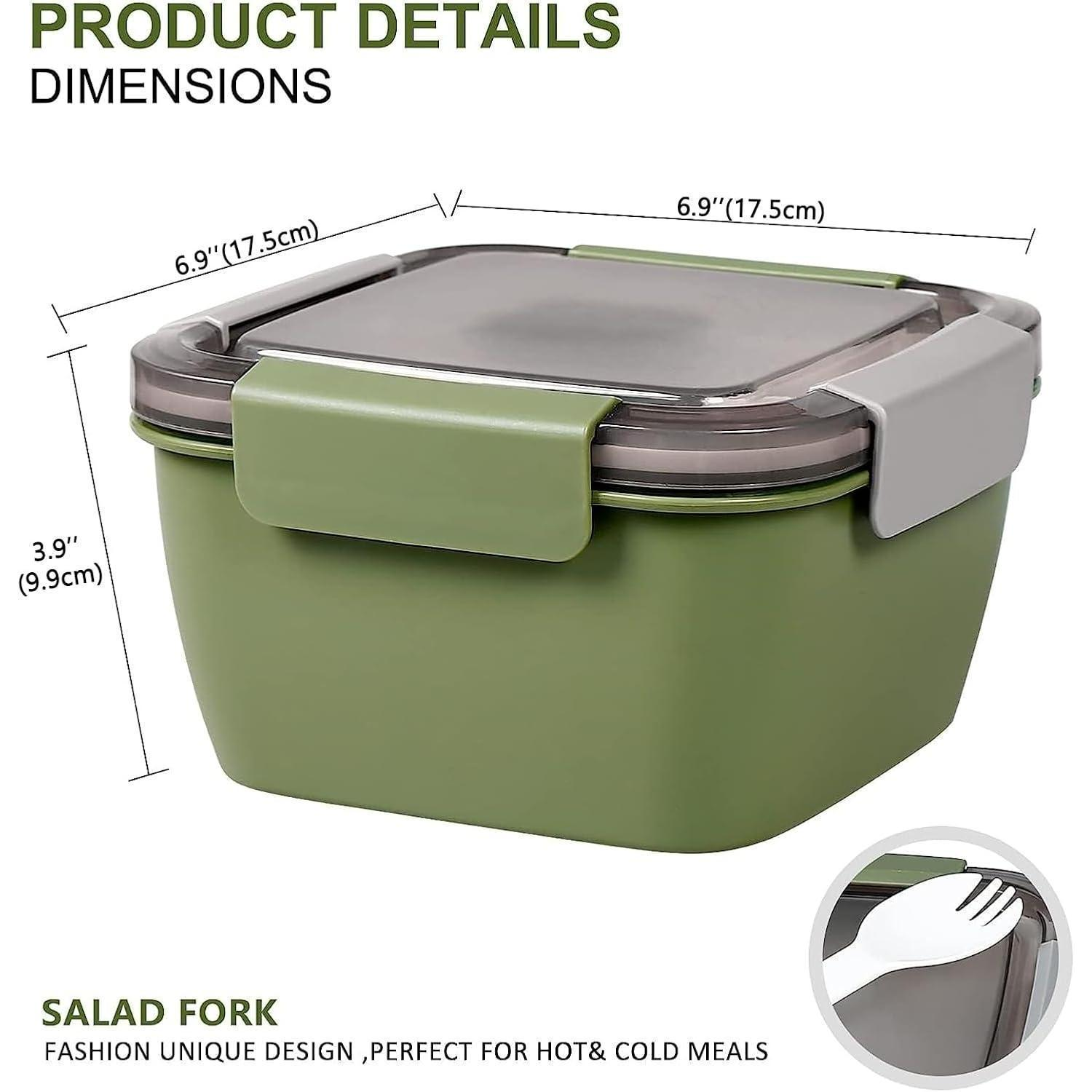 Port pranzo verde con coperchio trasparente, chiusura grigia, dimensioni 17,5x17,5x9,9 cm e forchetta.
