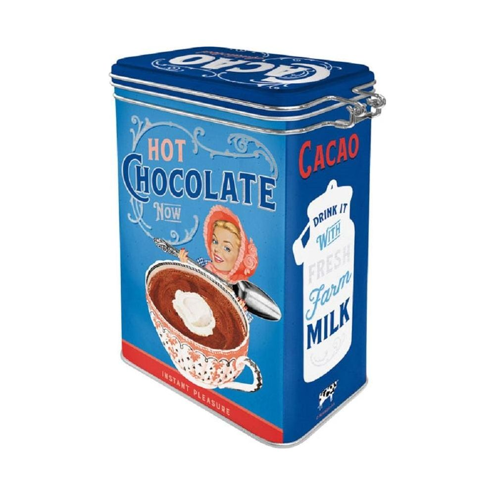 Latta di cioccolato retro blu con una grafica vintage di una tazza di cioccolata calda e una donna.