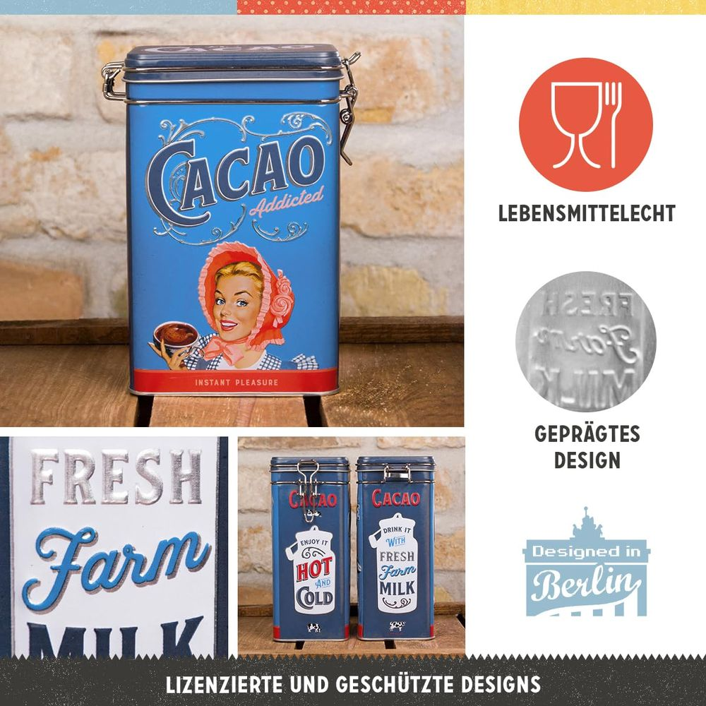 Latta di cacao retrò blu con donna vintage e design in rilievo su legno.