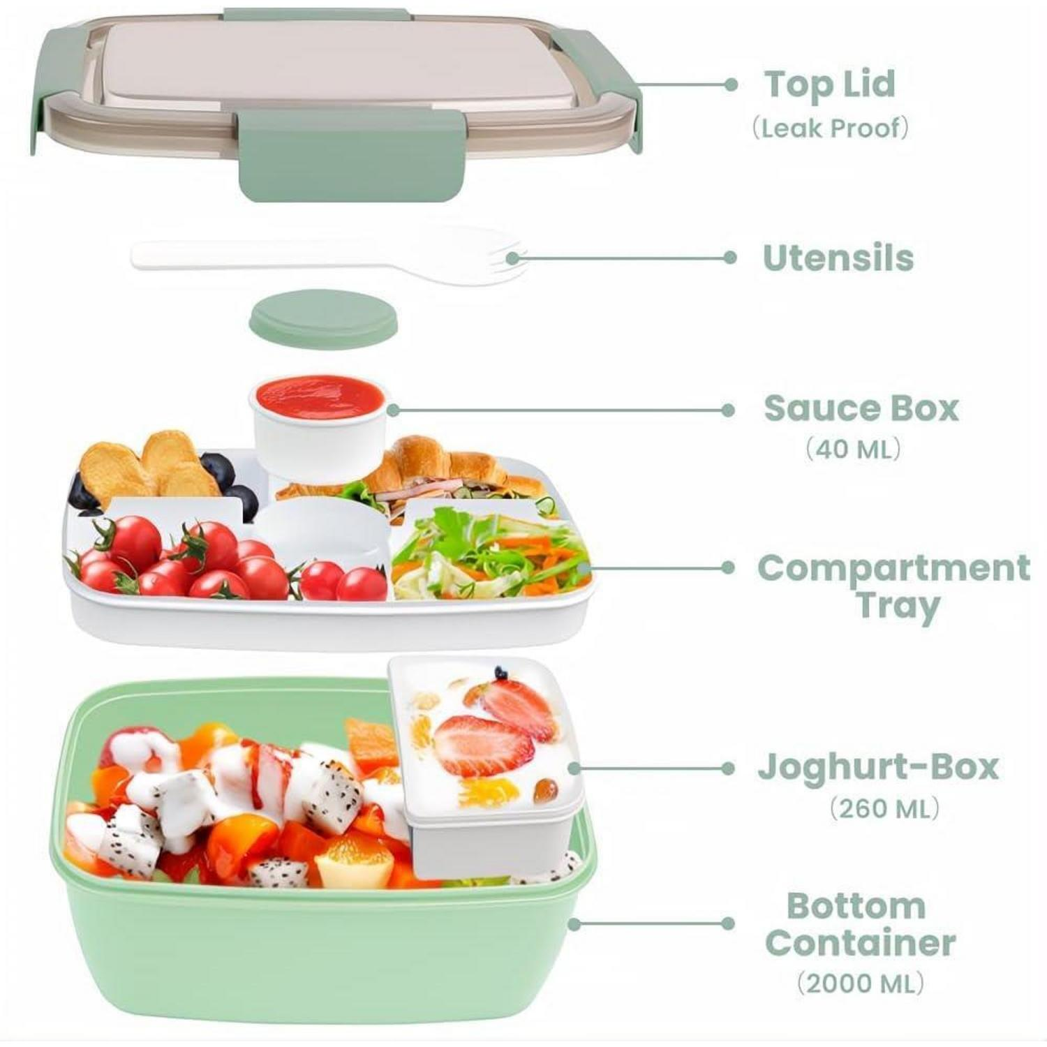 Vista esplosa di una bento box verde con etichette per coperchio, posate, scatola salsa, vassoio, yogurt e contenitore.