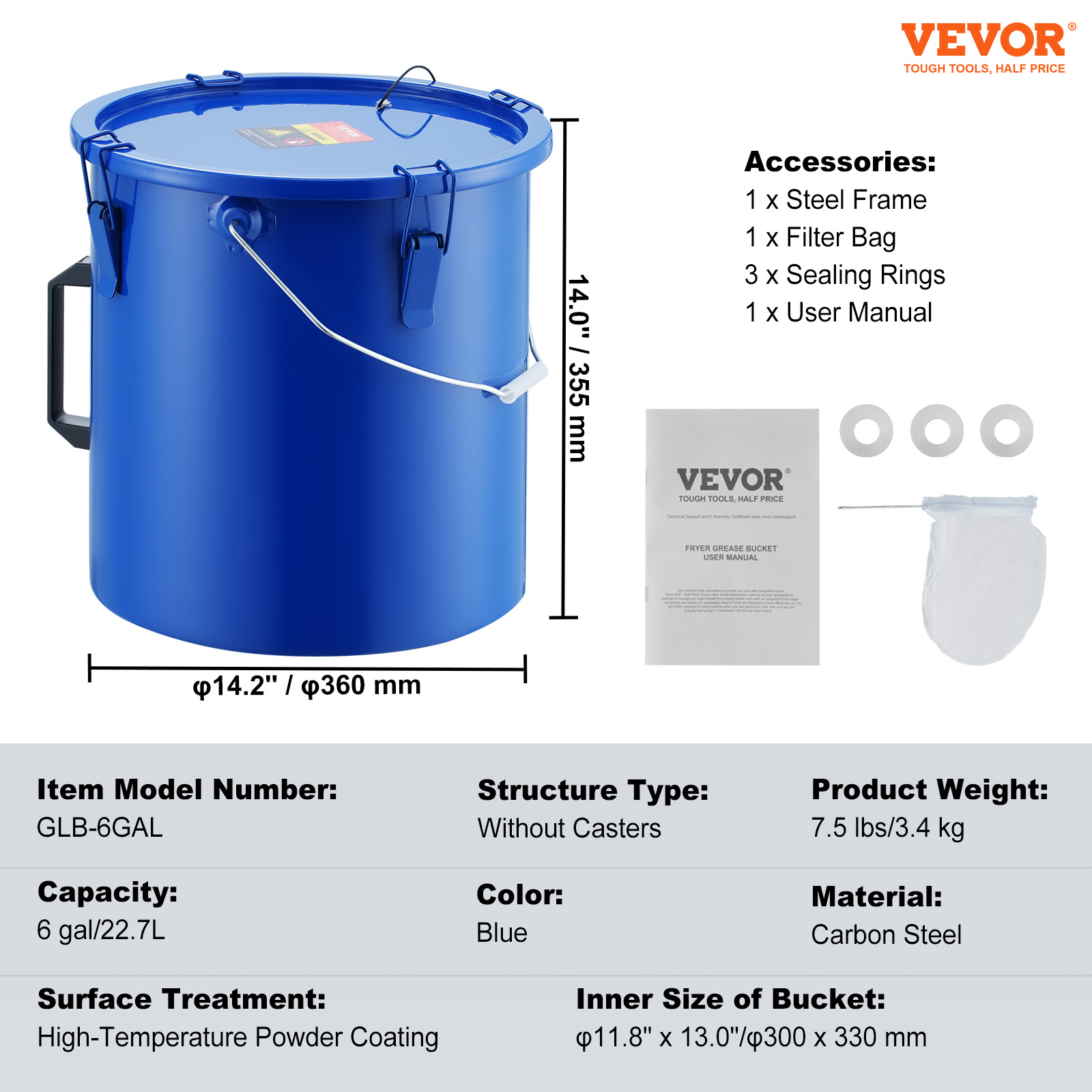 Un cubo de grasa VEVOR azul con dimensiones, accesorios y especificaciones técnicas sobre fondo blanco.