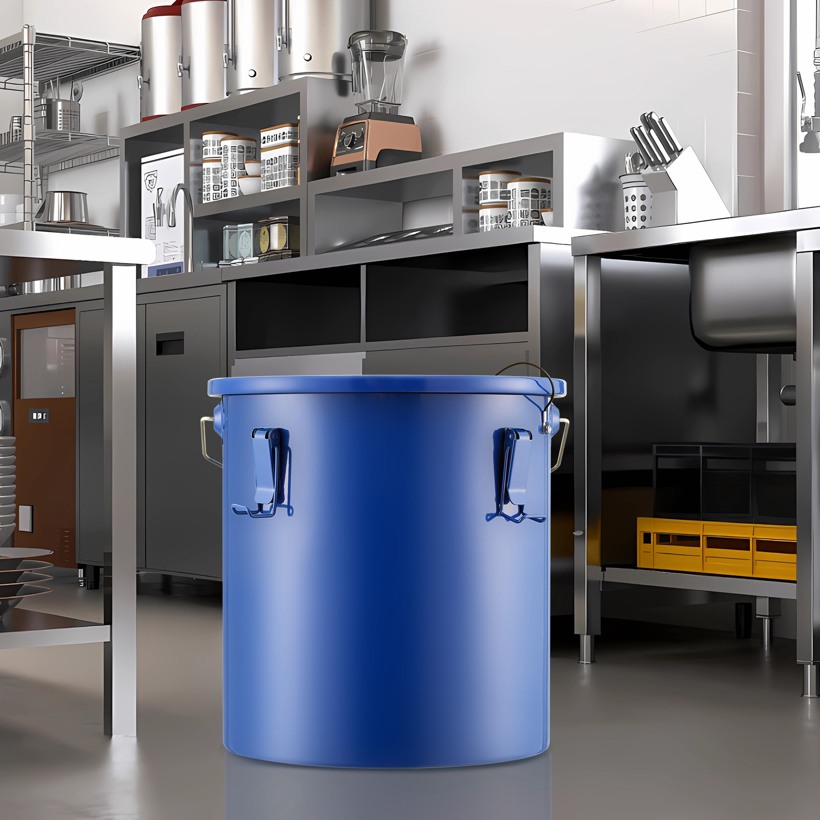 Un gran contenedor azul se encuentra en primer plano de una cocina moderna de acero inoxidable con estantes y electrodomésticos.
