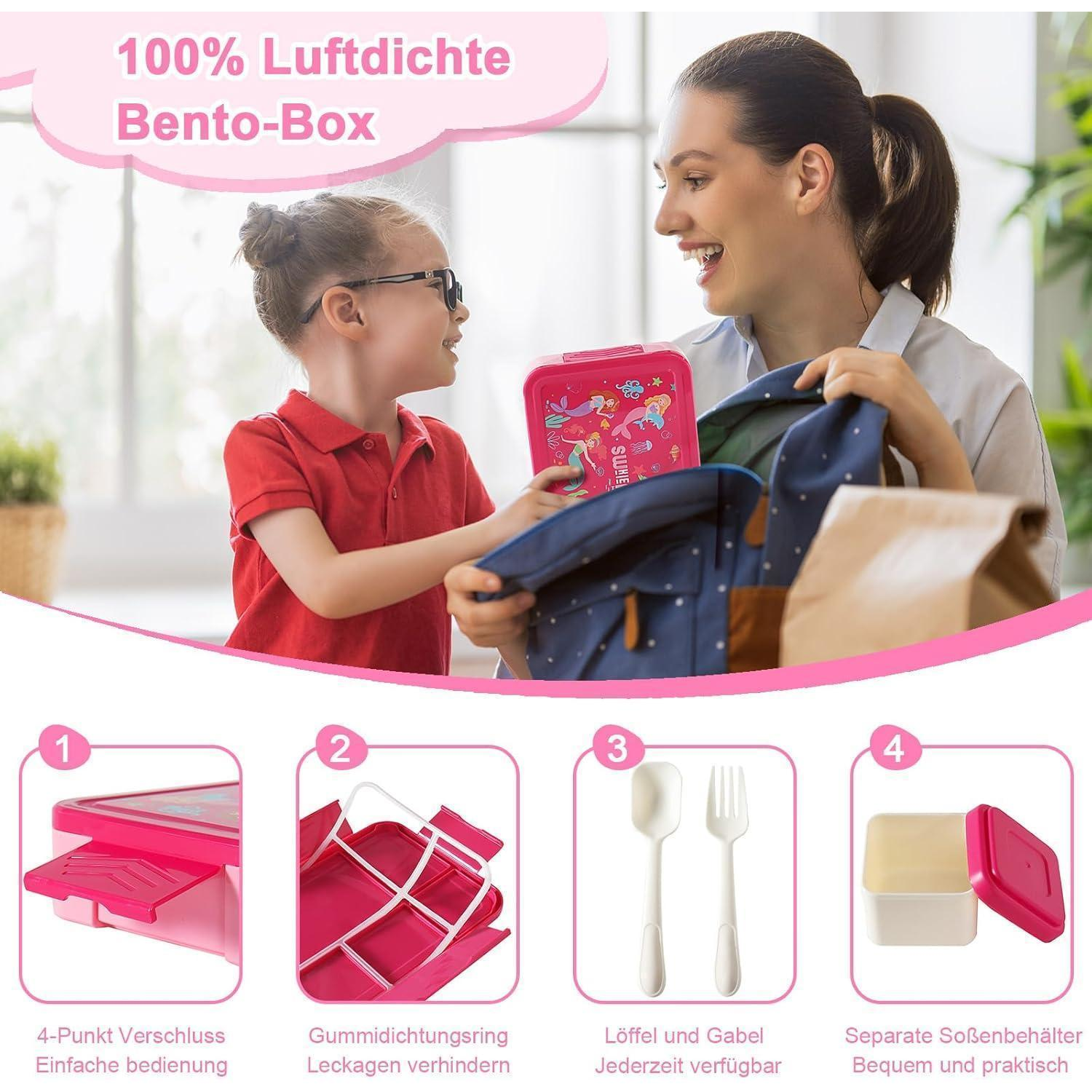 Madre e figlio mettono una bento box rosa nello zaino, con quattro caratteristiche sotto.