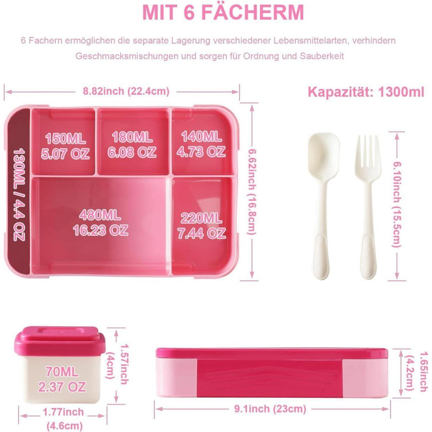 Porta pranzo rosa con sei scomparti, dimensioni, capacità, cucchiaio bianco, forchetta e contenitore.