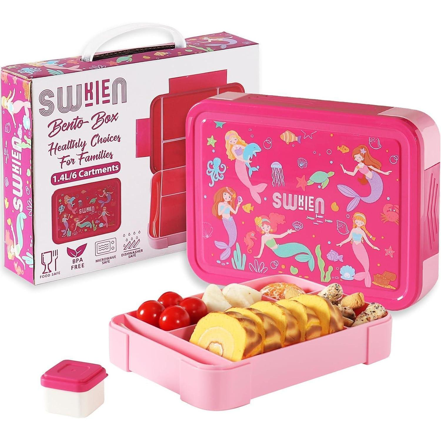Un port pranzo bento rosa con sirene, pieno di cibo come torta a fette e pomodori, accanto alla confezione.