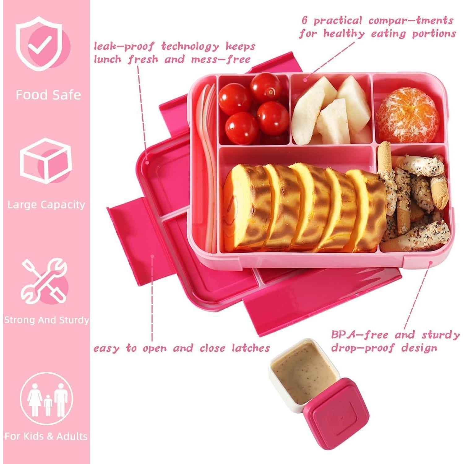 Port pranzo bento rosa con sei scomparti pieno di frutta, torta e snack, che mostra le caratteristiche.