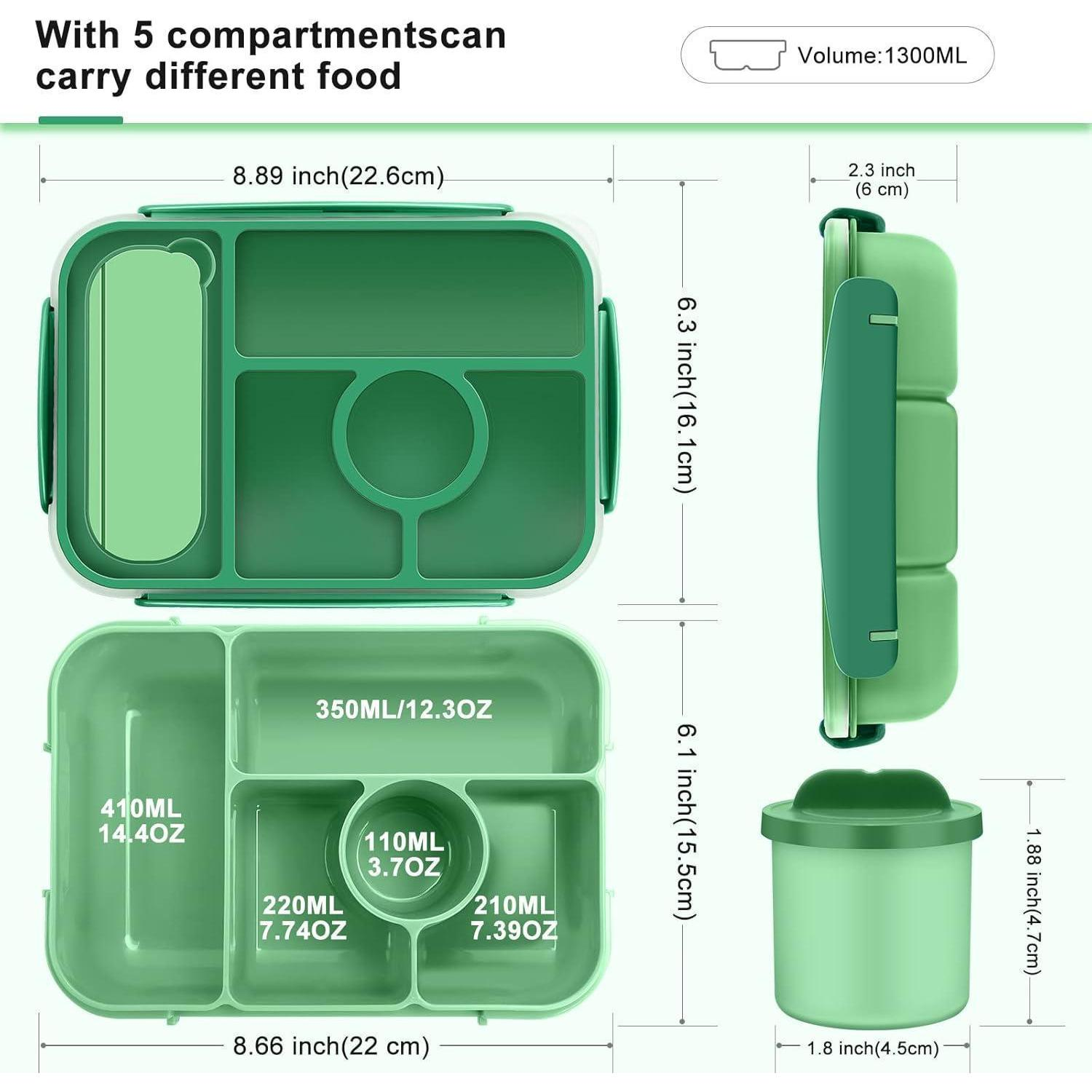 Schema di un portapranzo verde a 5 scomparti con dimensioni e capacità.