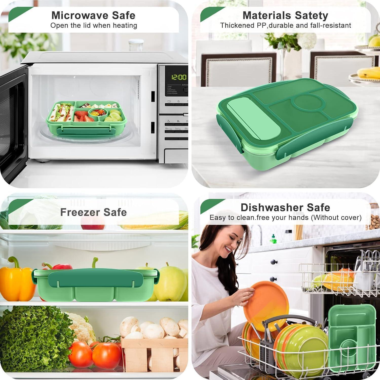 Quattro immagini mostrano un portapranzo verde nel microonde, freezer, lavastoviglie e su un tavolo.