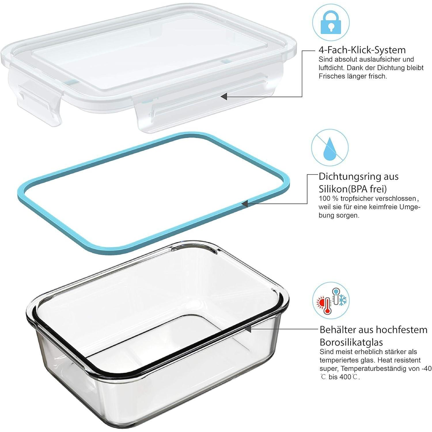 Infografica che mostra un contenitore in vetro con coperchio in silicone e descrizioni in tedesco.