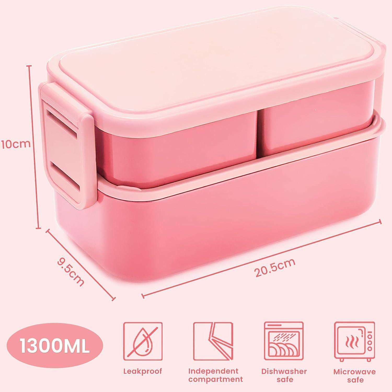 Port pranzo bento rosa con dimensioni, 1300 ml, a prova di perdite, lavabile in lavastoviglie e microonde.