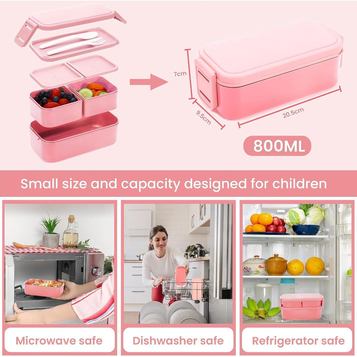 Porta pranzo bento rosa con accessori, dimensioni, capacità 800 ml, adatto per microonde, lavastoviglie e frigorifero.
