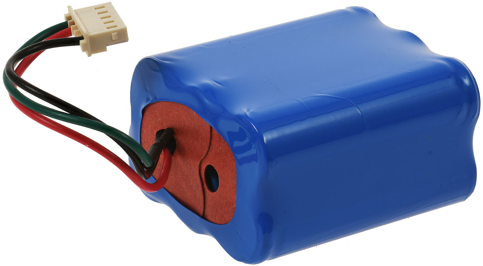Ein rechteckiger blauer Akku mit drei Kabeln und einem weißen Stecker.