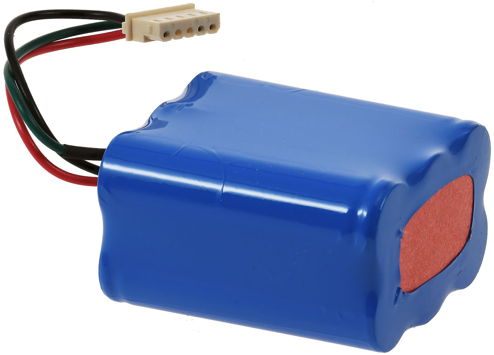 Ein blauer Akku mit rotem Ende und verbundenen Kabeln und einem Stecker auf weißem Hintergrund.