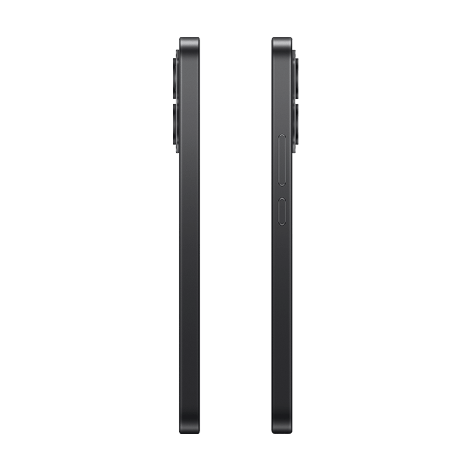 Seitenprofile eines schwarzen Smartphones vor schwarzem Hintergrund, Lautstärketasten auf einer Seite sichtbar.
