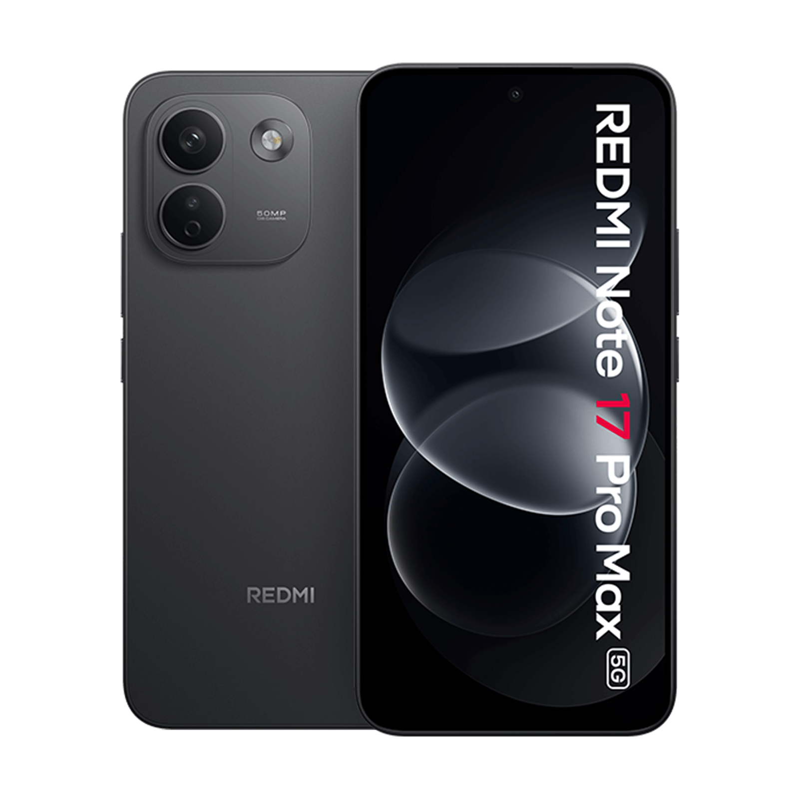 Front- und Rückansicht eines dunkelgrauen Redmi Note 17 Pro Max 5G Smartphones mit schwarzem Hintergrund.